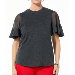 DG2 Diane Gilman Sheer Flutter Sleeve Cotton Blend Knit Tee Top - Black - XL